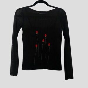 Y2K Whimsygoth Sheer Long Sleeve Top Floral Tulip Embroidered Shirt Womens Large